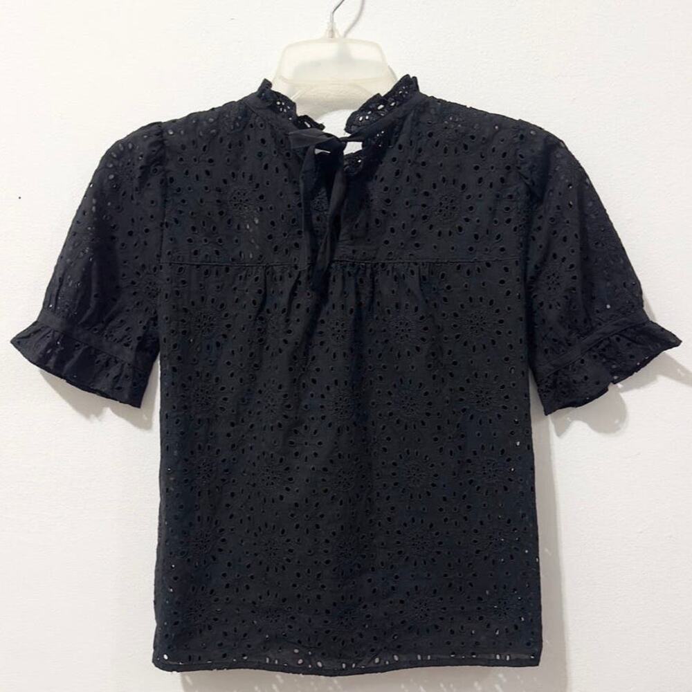 NWT: Madewell - Women's Black, Ruffle Neck, Short Sleeve, Eyelet Blouse (XS) - Picture 2 of 3